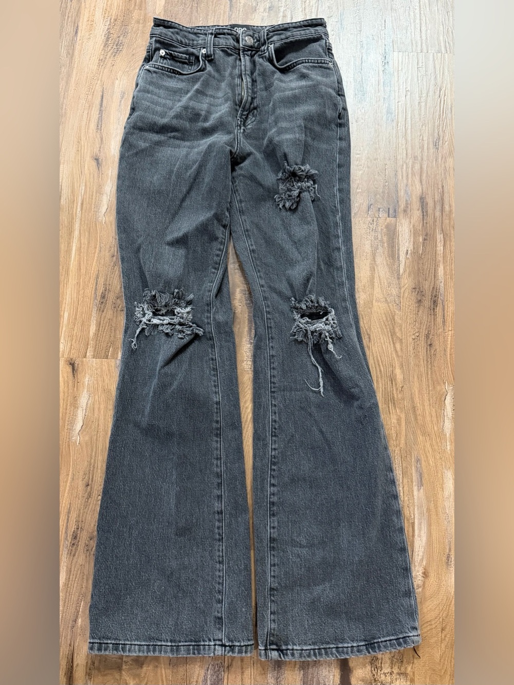 BDG Urban Outfitters Dark Grey Distressed Shredded Flare Women's Denim Jean Pant